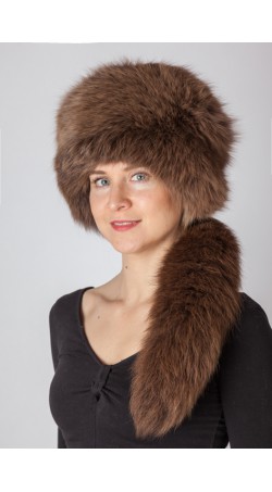 Brown fox fur hat with tail